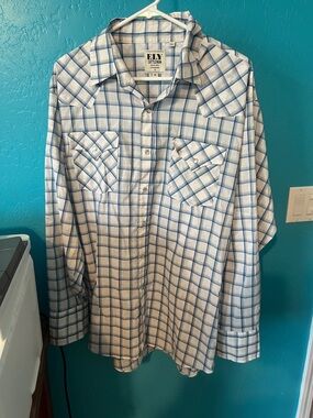Ely Cattleman Blue and White Plaid Western Button-Down Shirt